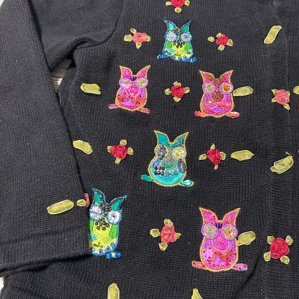 Jack B. Quick Owl Cardigan Sweater Large Black Embellished Bird Granny Grandma - Picture 2 of 9